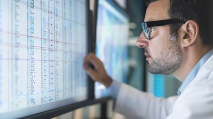 Poster - Scientist scrolling through big data sets on a vertical monitor, close-up, focused expression, clinical precision.