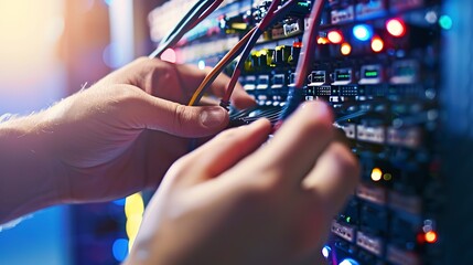 Poster - Hands adjusting wires in a telecom network patch panel, close-up, vibrant wire colors, precise focus.