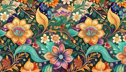 Wall Mural - seamless watercolor paisley, flowers and leaf, ethnic square patchwork patter. scarf and carpet print