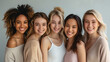 © h3design - Four young women of different ethnicities stand shoulder-to-shoulder, smiling brightly at the camera. They are all wearing casual clothing and their smiles suggest a strong bond of friendship