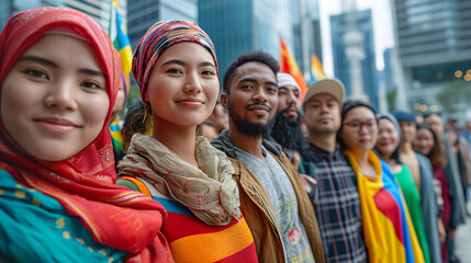 A group of people, dressed in colorful clothing and headwear, stand in a line, smiling for the camera. They are participating in a street parade, celebrating diversity and unity