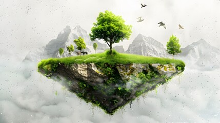 Wall Mural - Fantasy floating island on white abstract background with mountains, trees, and animals on grass.