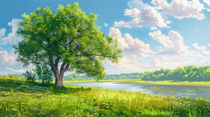 Sunny day summer landscape with a green tree by the river