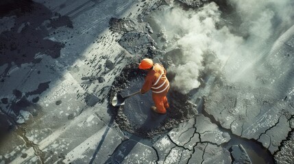 Wall Mural - Asphalt road repair work by workers in orange uniforms