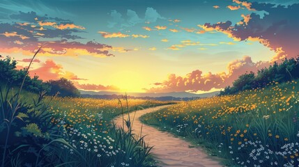 Wall Mural - Scenic pathway encircling a meadow during the transition from blue to orange skies Offering breathtaking scenery for jogging