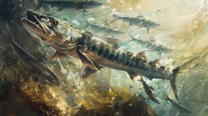 Wall Mural - A group of fish surrounding a big Barracuda fish