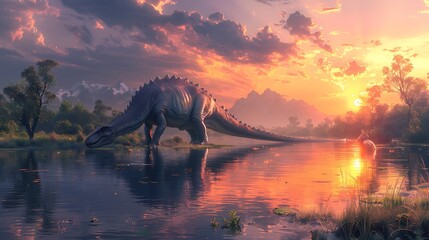 Wall Mural - Apatosaurus peacefully drinking water from a lake with a sunset reflecting on the water's surface and other dinosaurs nearby