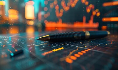 Poster - Pen on a document with charts and graphs, with financial data on a blurred screen in the background, symbolizing market analysis