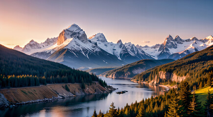 Wall Mural - AI-generated illustration of River flowing by trees on hillside with snowy mountains