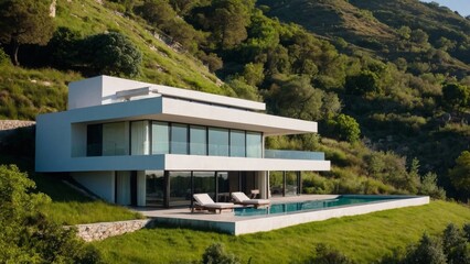 A cinematic shot of a beautiful white villa with lush green surroundings and stone wall facade