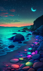 Wall Mural - A colorful beach with glowing pebbles under the starry night sky