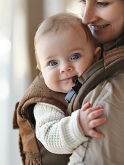 Wall Mural - A baby sitting in a baby carrier and being carried by their parent. stock photo 