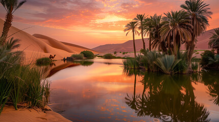 A tranquil desert oasis at sunset, featuring a small, clear water pond surrounded by palm trees and lush greenery, contrasting sharply against the vast, arid desert sands. The sky is a fiery blend of 