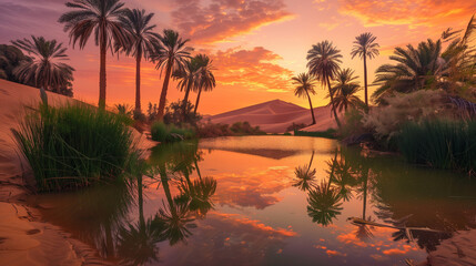 Wall Mural - A tranquil desert oasis at sunset, featuring a small, clear water pond surrounded by palm trees and lush greenery, contrasting sharply against the vast, arid desert sands. The sky is a fiery blend of 