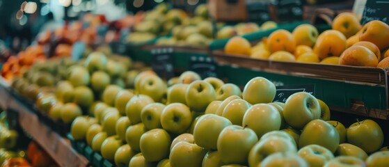 Wall Mural - green apples pile on a market stand, realistic and shinny
