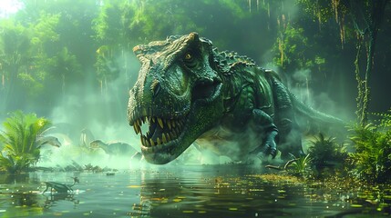 Wall Mural - Irritator lurking in the shadows of a dense jungle with mist covering the ground and other dinosaurs nearby