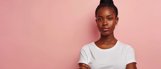 Wall Mural - young woman wearing a plain white t-shirt on a neutral background