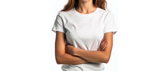 Wall Mural - young woman wearing a plain white t-shirt on a neutral background