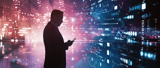 Wall Mural - business man standing looking on his cell phone, in the background are digital message panels and icons