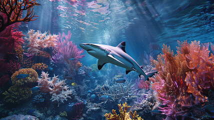 Wall Mural - Superb shot of a shark swimming in the ocean with coral reef