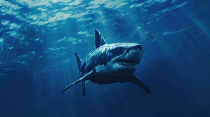 Glorious great white shark swimming in the deep blue ocean