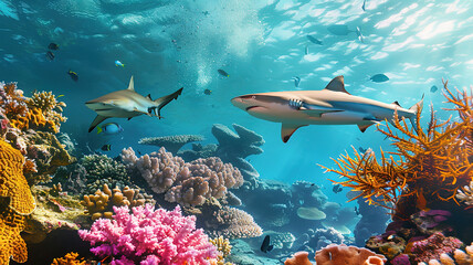 Glorious Grey reef sharks swimming over hard coral reef