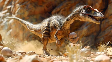 Wall Mural - Oviraptor stealing eggs another dinosaur's nest in a rocky desert