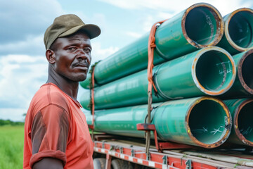 African male worker standing beside a truck loaded with green pipes