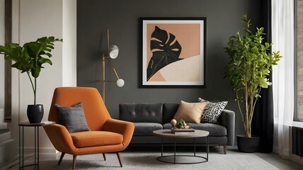 Mockup picture frame on wall in minimalist bright interior with orange armchair, small table and houseplant.