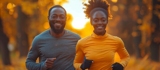 Wall Mural - a man and a woman are running in a park