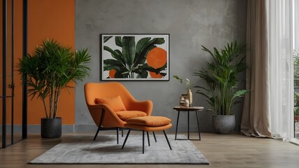 Wall Mural - Mockup picture frame on wall in minimalist bright interior with orange armchair, small table and houseplant.