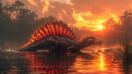 Wall Mural - Spinosaurus swimming gracefully a river with a sunset in the background