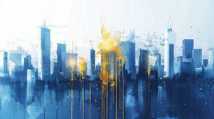 Modern abstract design of skyscrapers on a white and blue background, highlighted by dripping gold and blue paint, creating a striking visual