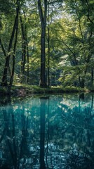 Wall Mural - Trees reflected in a still body of water. Nature and tranquility concept.