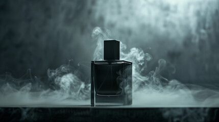 Canvas Print - mock up of black perfume bottle for men, with black smokey background on table, Ai generated Images