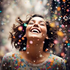 Wall Mural - young happy woman with confetti in front of her face.