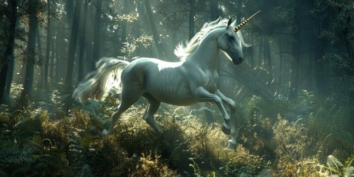 Unicorn running through a forest with a bright light. Fantasy and magic concept.