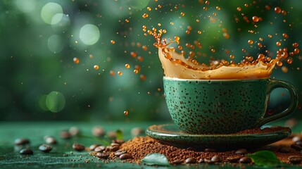 Canvas Print - A delicious cup of coffee in a green cup splashing all over causing coffee beans to fly through the air. 