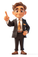 Poster - Cartoon Cute Businessman Points a Finger at an Empty Place on a white background. Generative AI