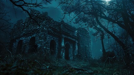 Poster - Eerie deserted ancient dwelling deep in the forest at night