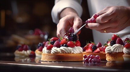 Wall Mural - A pastry chef's hands crafting delicate pastries and desserts