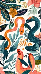 Sticker - Seamless pattern with snake. Lovely, pretty pattern of snake and flowers, leaves. For fabric, silk, printing.