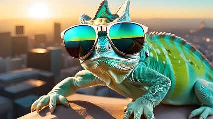 chameleon wearing sunglasses on a solid color background, vector art, digital art, faceted, minimal, abstract, panorama background. 