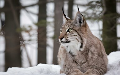 Poster - Lynx resting in the snow in the woods behind it, with branches in the background