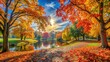 © joompon - Beautiful autumn landscape in the park with colorful foliage and falling leaves , autumn, landscape, park, colorful, foliage, leaves, nature, background, season, trees, scenery, peaceful