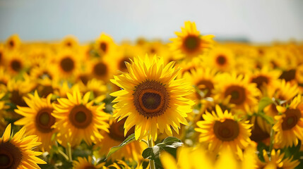 Wall Mural - Expansive sunflower field in full bloom, with bright yellow flowers stretching as far as the eye can see under a clear sky