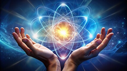 Ethereal quantum energy emanating from hands, glowing atomic orbits representing power, mystery, and the connection between science and spirituality, quantum, energy, ethereal, hands