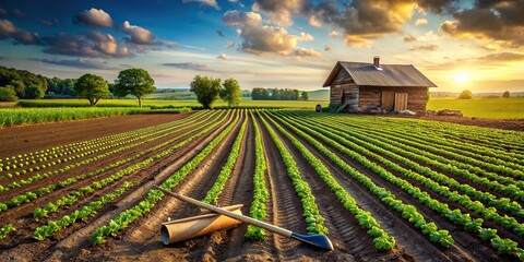 A rustic farmland scene with green crops, plowed soil, and hand tools, farming, agriculture, bare hands, organic, rural, countryside, sustainable, planting, harvesting, soil, healthy