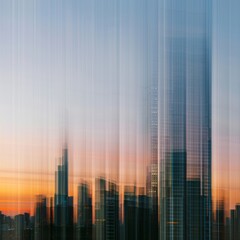 Wall Mural - Soft-focused city skyline in blue and pink hues at dusk, capturing an abstract beauty. Abstract depiction of a city skyline.