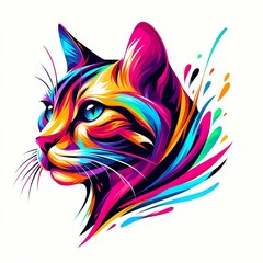  vibrant, stylized illustration of a Bengal cat head with a spectrum of bright, bold colors